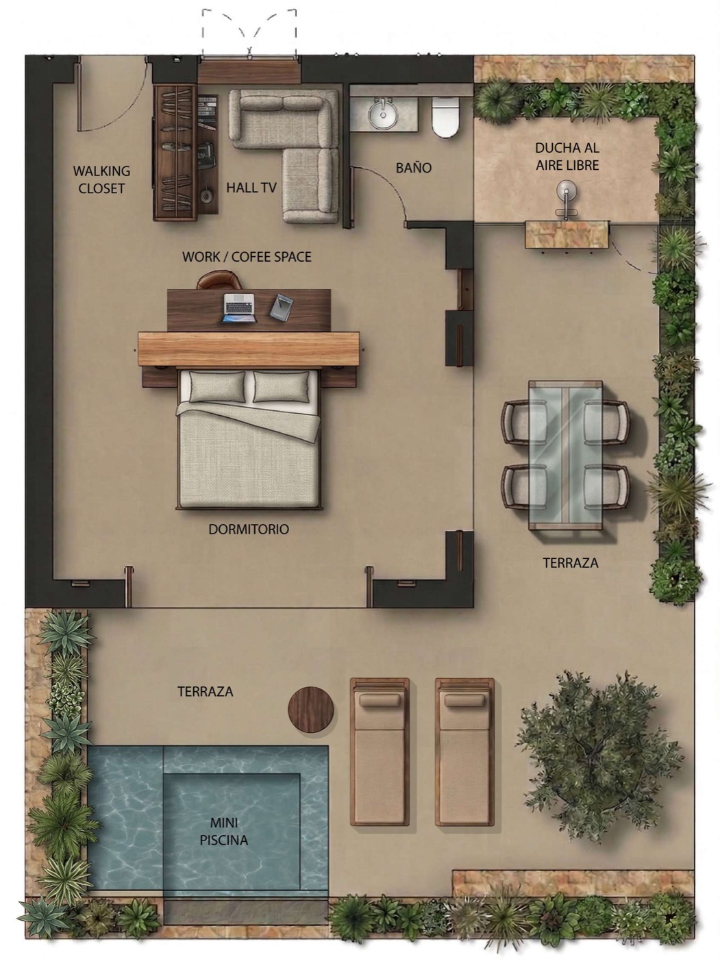 Plano de la suite: dormitorio, baño, ducha al aire libre, terrazas y mini piscina