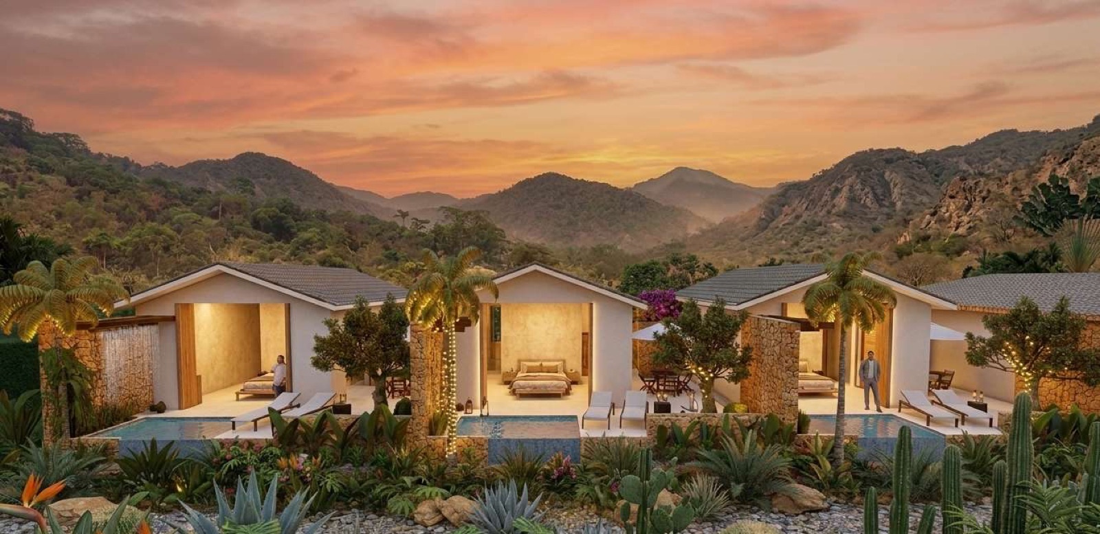 Suites del resort al atardecer entre montañas y jardín de cactus (render del proyecto)