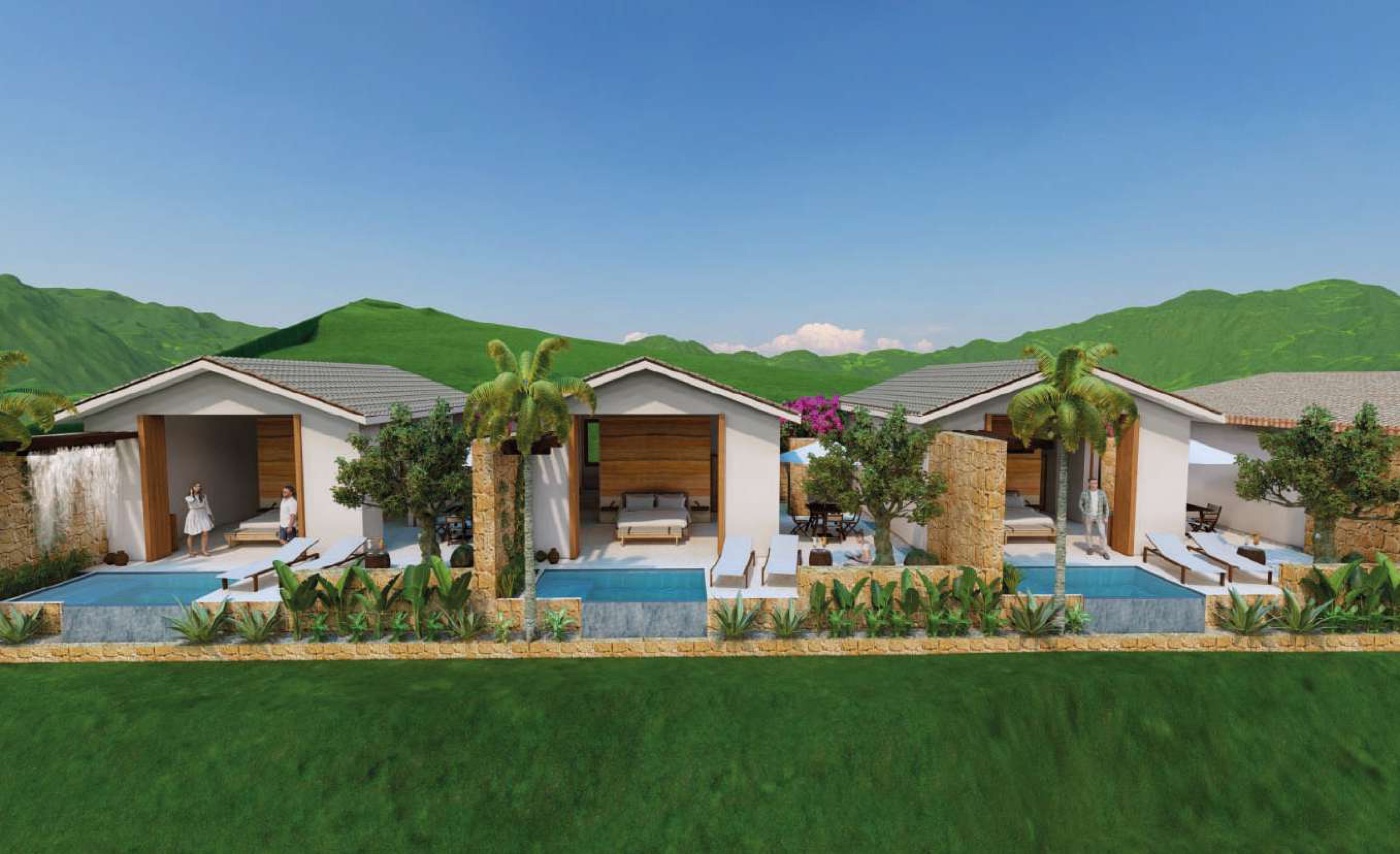 Suites con piscina privada frente a las montañas (render)